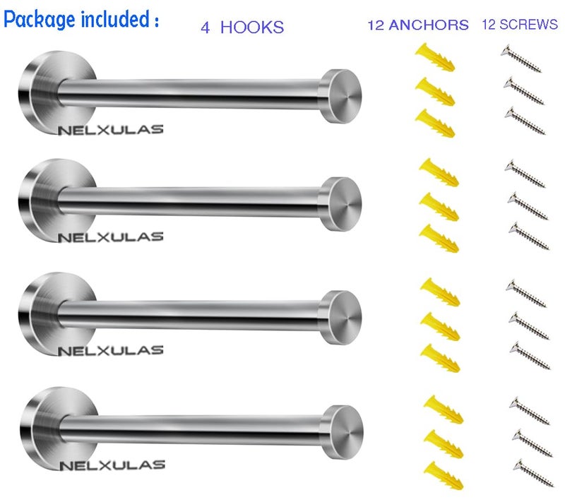 NELXULAS Brushed Stainless Steel Bath Towel Hooks Single Super Heavy Duty Wall Mount Hook, Coat Hook, Fit for Bedroom,Living Room, Bathroom and Fitting Room, Office(8", 4 PCS) - Image 2